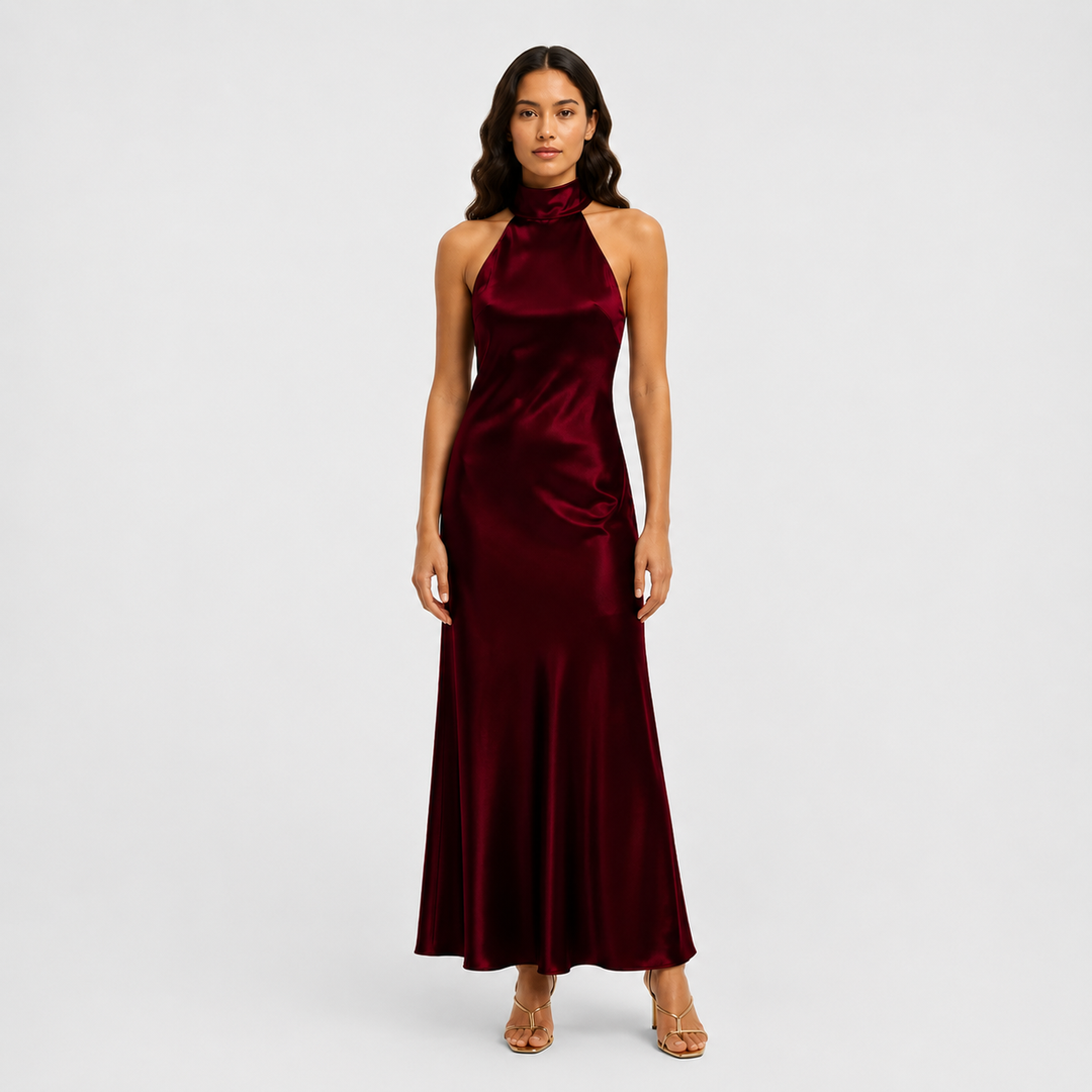 Cecylia | Sukienka maxi satynowa z dekoltem halter - Ciemnoczerwony