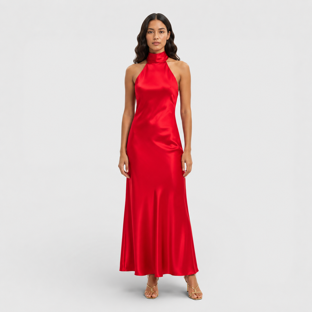 Cecylia | Sukienka maxi satynowa z dekoltem halter